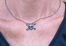 Load image into Gallery viewer, Biker Jewelry Ladies Black Skull Cross Bone Crystal Bling Pendant Necklace Stainless Steel