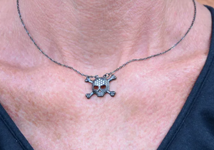 Biker Jewelry Ladies Black Skull Cross Bone Crystal Bling Pendant Necklace Stainless Steel
