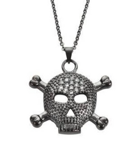 Ladies Big Black Skull Cross Bone Crystal Bling Pendant Necklace Stainless Steel