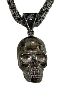 Men's Gunmetal Stainless Steel Byzantine Necklace and Large Skull