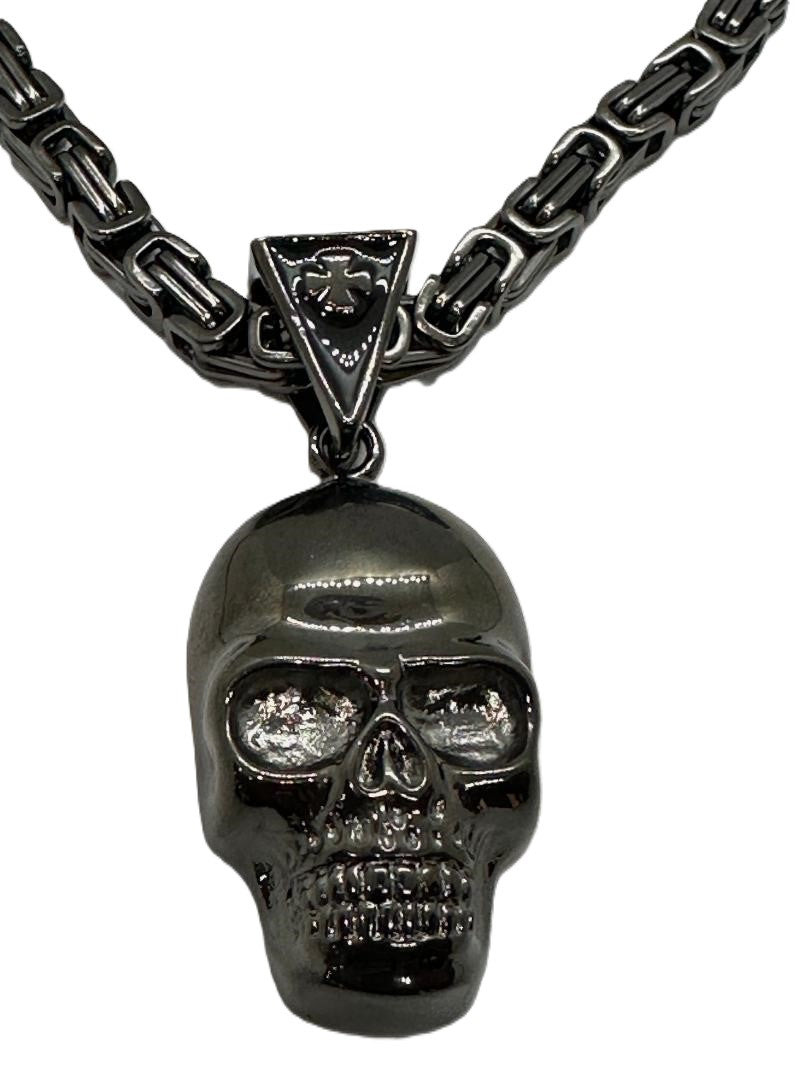 Men's Gunmetal Stainless Steel Byzantine Necklace and Large Skull