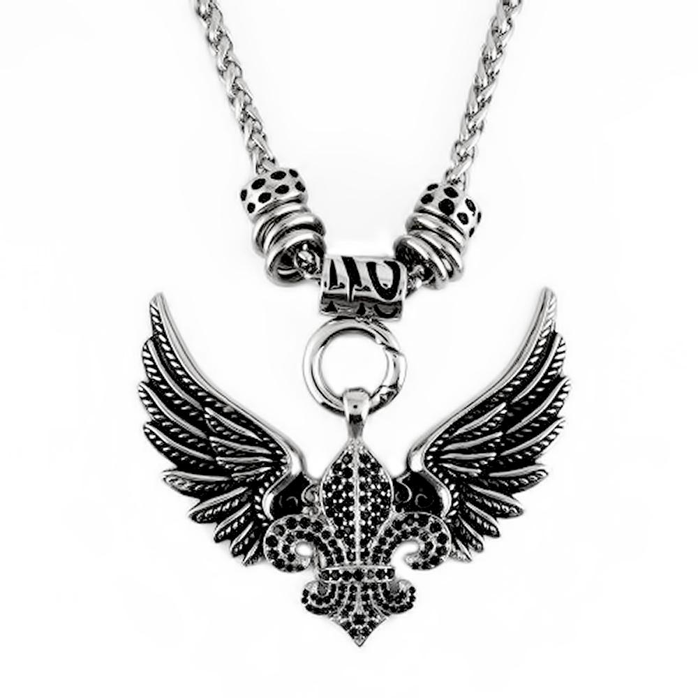 Heavy Metal Jewelry Unisex Angel Open Wing & Fleur De Lis Black Pendant with 4mm Foxtail Necklace Stainless Steel