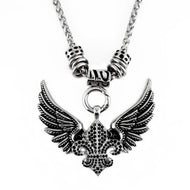 Black Bling Open Wing Fleur De Lis Pendant Necklace Stainless Steel SP71
