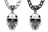 Large Skull Necklace Pendant & Figaro Link Chain Men's Biker Stainless Steel SP72-FIG