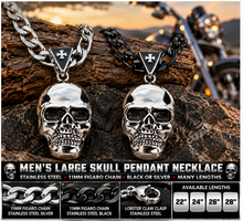 Load image into Gallery viewer, Large Skull Necklace Pendant &amp; Figaro Link Chain Men's Biker Stainless Steel SP72-FIG