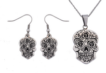 Load image into Gallery viewer, Biker Jewelry&#39;s Ladies Sugar Skull Pendant Stainless Steel Matching Earrings Set &amp; Necklace