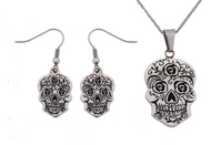 Sugar Skull Set Matching Necklace & Earrings Stainless Steel SP74S