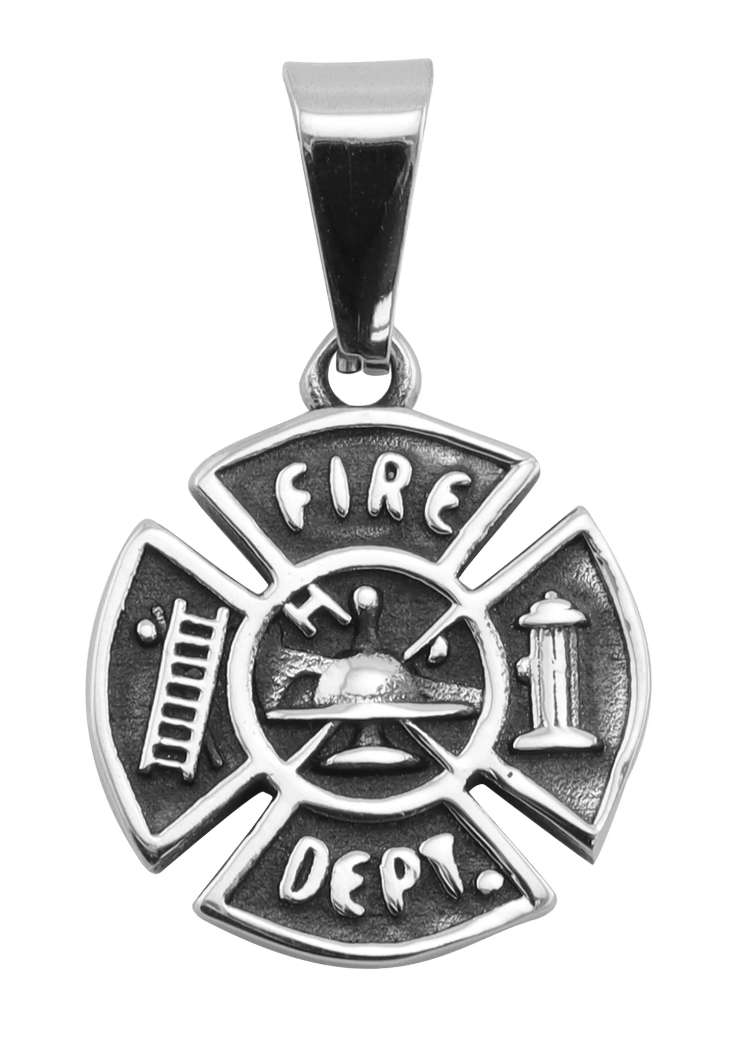 Fire Department Maltese Cross Stainless Steel Pendant 3mm Solid Rope Necklace