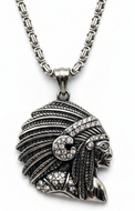 Indian Native American Chief Pendant Necklace – 4mm Byzantine Chain Stainless Steel SP77-B