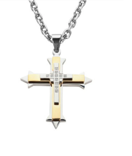 Stainless Steel Three Layer 2-Tone Religious Cross 2½ Inches with Link Necklace