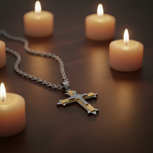 Load image into Gallery viewer, Three Layer 2-Tone Religious Cross Large 4 Inches with Link Necklace Stainless Steel<br> SP82