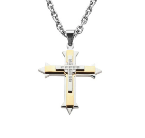Stainless Steel Three Layer 2-Tone Religious Cross Large 4 Inches with Link Necklace
