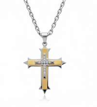 Load image into Gallery viewer, Three Layer 2-Tone Religious Cross Large 4 Inches with Link Necklace Stainless Steel<br> SP82