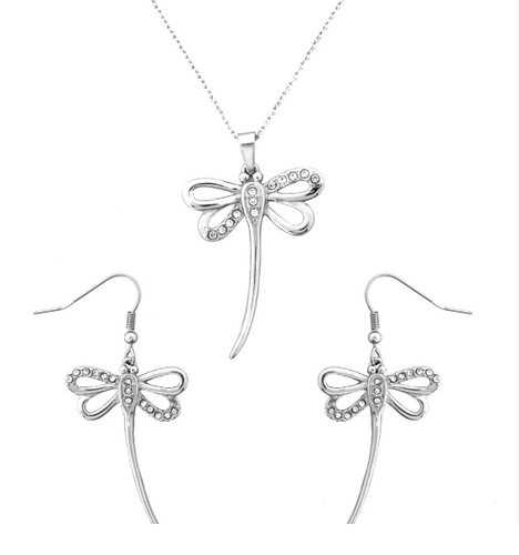 Biker Jewelry Ladies Dragonfly Pendant Necklace Stainless Steel Matching Earrings Set