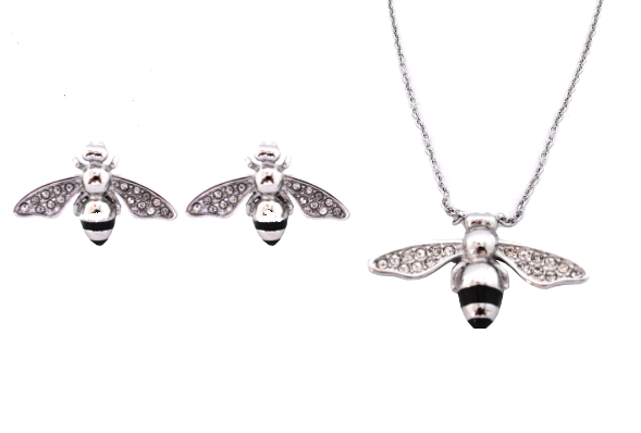 Heavy Metal Jewelry Ladies Bee Pendant Necklace Matching Earrings Set Stainless Steel