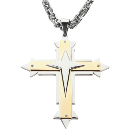 Heavy Metal Jewelry Large Triple Layer Cross Pendant Necklace Stainless Steel Religious Jewelry