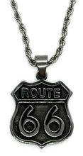 Load image into Gallery viewer, Biker Jewelry Stainless Steel Rope or Byzantine Necklace with Large Route 66 Pendant