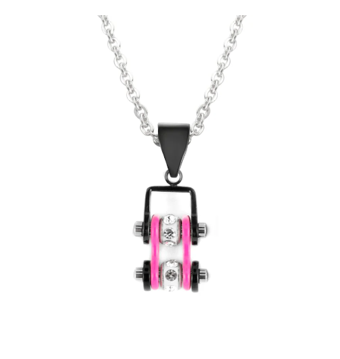 Biker Jewelry Ladies Mini Bike Chain Pendant Necklace Stainless Steel Black & Lively Pink SP89