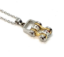 Load image into Gallery viewer, Biker Jewelry Ladies Mini Motorcycle Bike Chain Pendant Chrome &amp; Gold Stainless Steel SP90