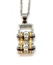 Load image into Gallery viewer, Biker Jewelry Ladies Mini Motorcycle Bike Chain Pendant Chrome &amp; Gold Stainless Steel SP90