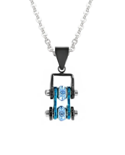 Ladies Motorcycle Stainless Bike Chain Pendant Black & Energetic Blue with Blue Stones