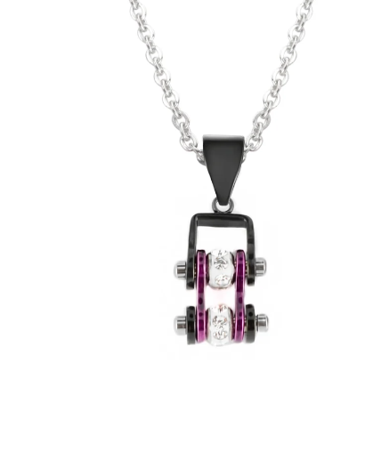 Women's Mini Motorcycle Bike Chain Pendant Black & an Electrifying Purple Stainless Steel