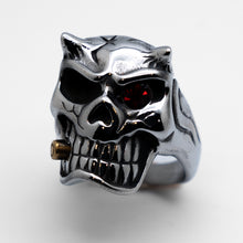 Load image into Gallery viewer, Horned Skull Ring with Bullet &amp; Red Eye Biker Ring Stainless Steel  SR107