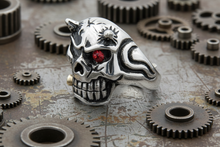 Load image into Gallery viewer, Horned Skull Ring with Bullet &amp; Red Eye Biker Ring Stainless Steel  SR107