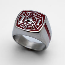 Load image into Gallery viewer, Red Firefighter's Ring Unisex Maltese Cross Stainless Steel Ring SR108