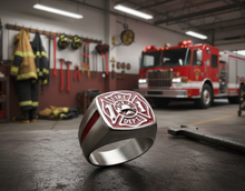Load image into Gallery viewer, Red Firefighter's Ring Unisex Maltese Cross Stainless Steel Ring SR108