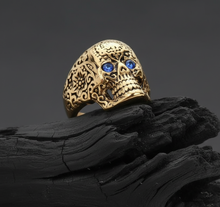 Load image into Gallery viewer, Tribal Skull Ring with Blue Crystal Eyes Ladies Gold-Tone Stainless Steel Ring SR115