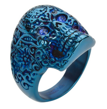 Load image into Gallery viewer, Blue Tribal Tattoo Skull Ring Blue Crystal Eyes Lady Biker Stainless Steel SR118