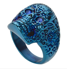 Load image into Gallery viewer, Blue Tribal Tattoo Skull Ring Blue Crystal Eyes Lady Biker Stainless Steel SR118