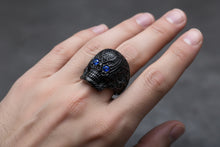 Load image into Gallery viewer, Black Tribal Tattoo Skull Ring Unisex Blue Crystal Eyes Stainless Steel SR120