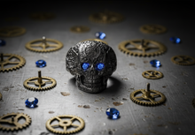 Load image into Gallery viewer, Black Tribal Tattoo Skull Ring Unisex Blue Crystal Eyes Stainless Steel SR120
