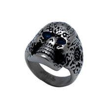 Load image into Gallery viewer, Silver Tribal Tattoo Skull Ring Unisex Blue Crystal Eyes Stainless Steel  SR121