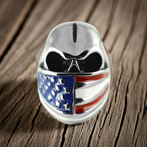 Heavy Metal Jewelry American Flag Bandana Skull Stainless Steel Ring SR125