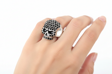 Load image into Gallery viewer, Black Bling Skull Ring Black Crystals Lady Biker Stainless Steel SR132
