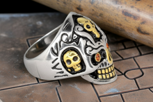 Load image into Gallery viewer, Holy Toledo 4 Skulls Ring with Red Eyes Men's Two-Tone Stainless Steel SR148