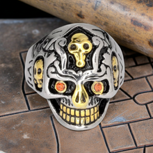 Load image into Gallery viewer, Holy Toledo 4 Skulls Ring with Red Eyes Men's Two-Tone Stainless Steel SR148