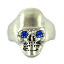 Load image into Gallery viewer, Brushed Finish Skull Ring Blue Eyes Men's Biker Stainless Steel SR151