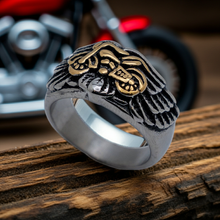Load image into Gallery viewer, Motorcycle on Wings Ring Two Tone Unisex Biker Stainless Steel SR160