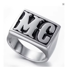 Load image into Gallery viewer, Large "MC" Signet Ring Silver Edition Men's Motorcycle Club Ring Stainless Steel SR167