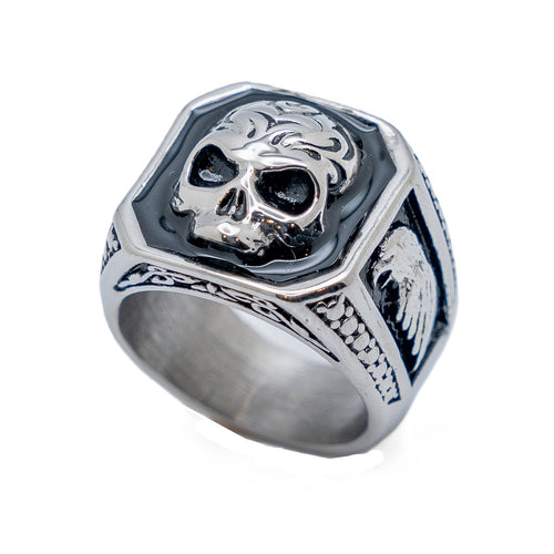 Men's Stainless Steel Square Skull Ring with Eagle
