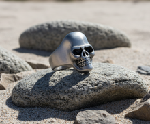 Load image into Gallery viewer, Industrial Skull Ring with Black Eyes Men's Biker Stainless Steel SR182