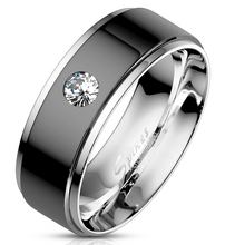 Load image into Gallery viewer, Black Inlay on Silver Ring with CZ Two-Tone Comfort Fit Stainless Steel SR185