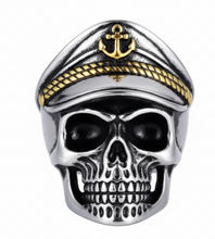 Load image into Gallery viewer, Old School Skull Ring with Biker Cap Men's Two-Tone Stainless Steel SR187