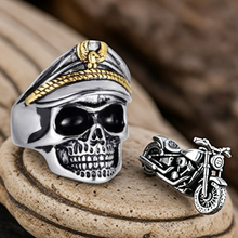 Load image into Gallery viewer, Old School Skull Ring with Biker Cap Men's Two-Tone Stainless Steel SR187