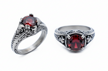 Load image into Gallery viewer, Red Solitaire Filigree Skulls Ring Lady Biker Stainless Steel SR197