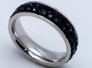 Ladies Double Row Black Stone Stainless Steel Wedding Band Ring